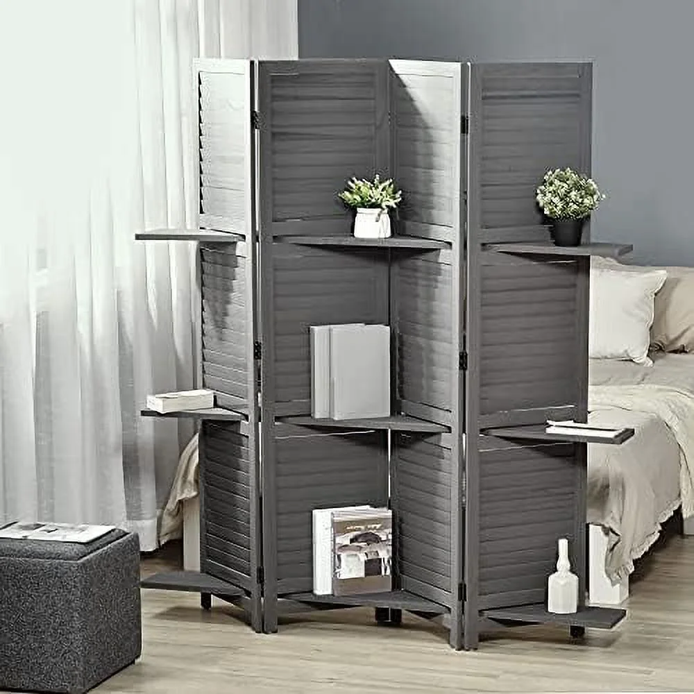 RUNFAYBIU 4 Panel 67" Tall Wood Privacy Screen Room Divider with 3 Display Shelves  and Folding  for Bedroom or Home Office  Grey