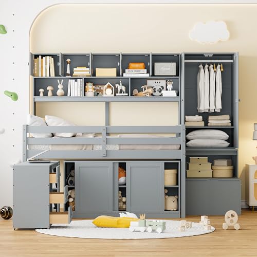 Harper & Bright Designs Full Size Loft Bed with Wardrobe, Wooden Full Loft Bed Frame Big Storage with Under-Bed Desk, Drawers and Shelves, Gray