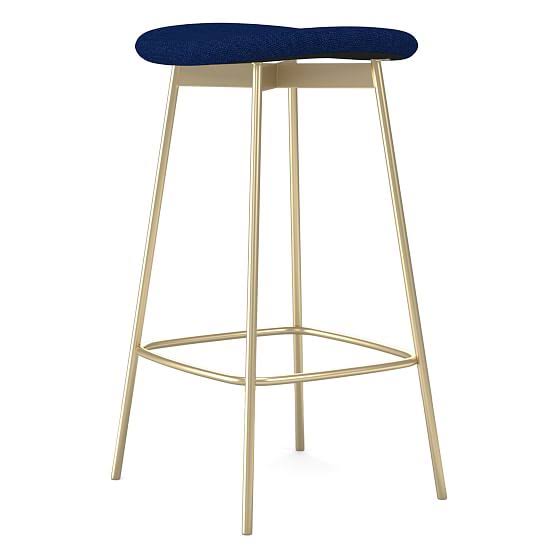 West Elm Modern Petal Backless Counter Stool, Basket Slub, Sapphire, Light Bronze