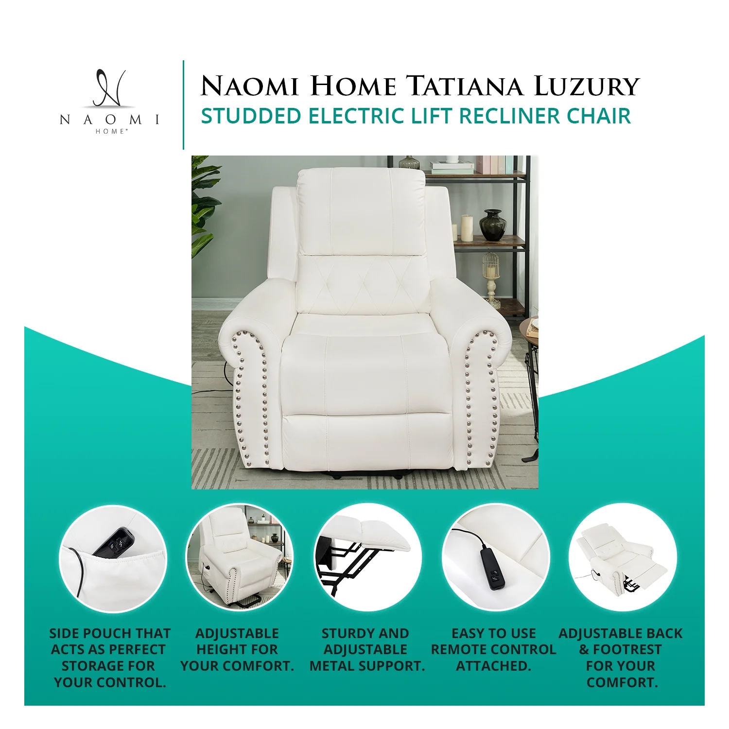 Tatiana Oversized Air Leather Power Lift Recliner Chair with Footrest. Reclining Chair with Remote Control, Premium Studded and Tufted Detailing