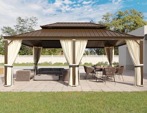 YOLENY 10' x 12' Hardtop Gazebo, Metal Gazebo with Aluminum Frame, Double Galvanized Steel Roof, Curtains and Netting Included