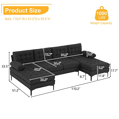 Karl home Convertible Sectional Sofa 110" U-Shape Sofa Couch 4-Seat Couch with Chaise ChenilleFabric Upholstered for Living Room, Apartment, Office