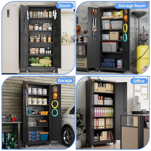 Garage Storage Cabinet with Wheels & Pegboard, 72" H Locking Metal Storage Cabinet with Doors and 4 Adjustable Shelves for Garage Workshop Home
