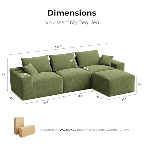 LIKIMIO 120" Modern L-Shaped Modular Sectional Sofa for Living Room, Corduroy Upholstery Green