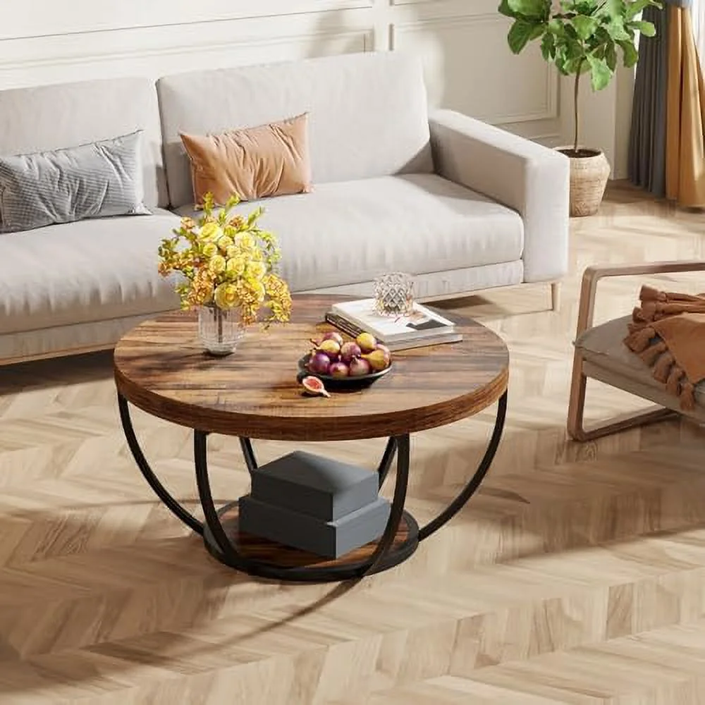 Round Coffee Table  Industrial 2-Tier Circle Coffee Table with  Shelves  JOMA 31.7"