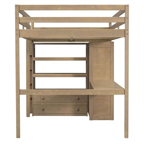 Harper & Bright Designs Full Size Loft Bed with Desk, Storage Shelves and Drawers, Solid Wood Loft Bed Frame with Built-in Wardrobe, Walnut
