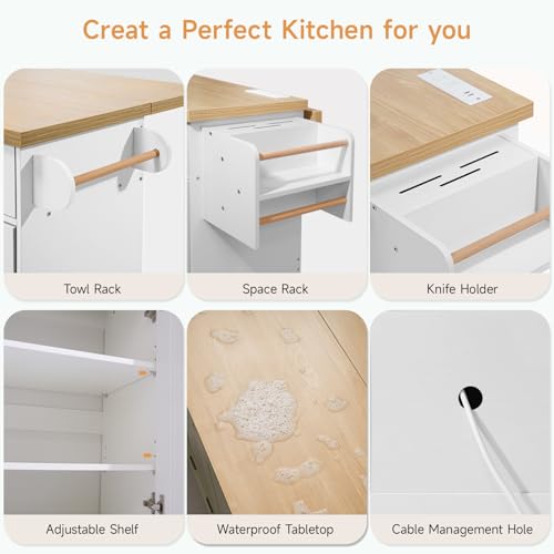 60" Kitchen Island with Power Outlet & Drop Leaf, Kitchen Rolling Island with Spice Rack & Towel Rack, Knife Holder