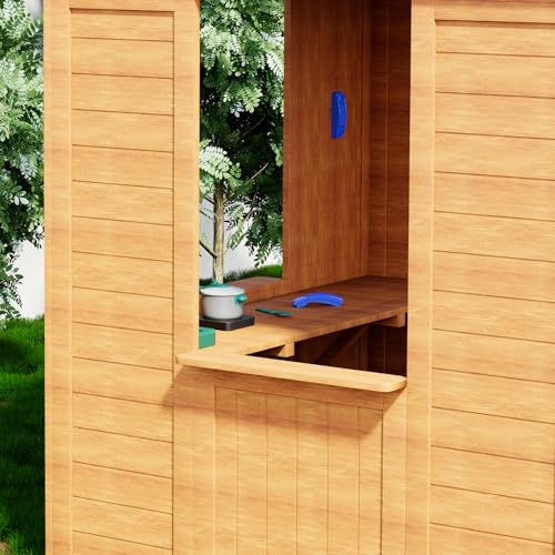 All Spruce Outdoor Kids Playhouse, Toddler Playhouse Wooden Playhouse for Kids Ages 3-10, with Sink, Stove, Flower Pot Holders, Phone