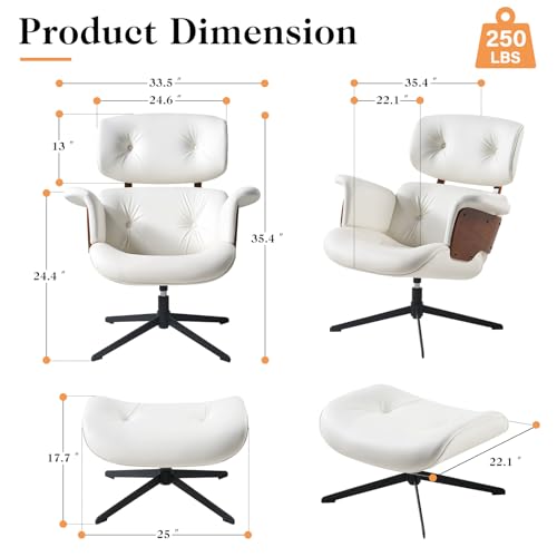 Mid Century Recliner Swivel Chair with Ottoman, Ergonomic Armchair with Comfy Cushion, Walnut Wood Base, PU Leather