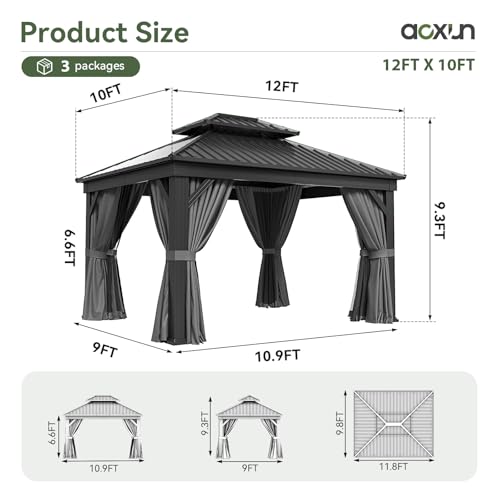Aoxun 10' X 12' Hardtop Gazebo, Aluminum Outdoor Gazebo with Galvanized Steel Double Top Canopy