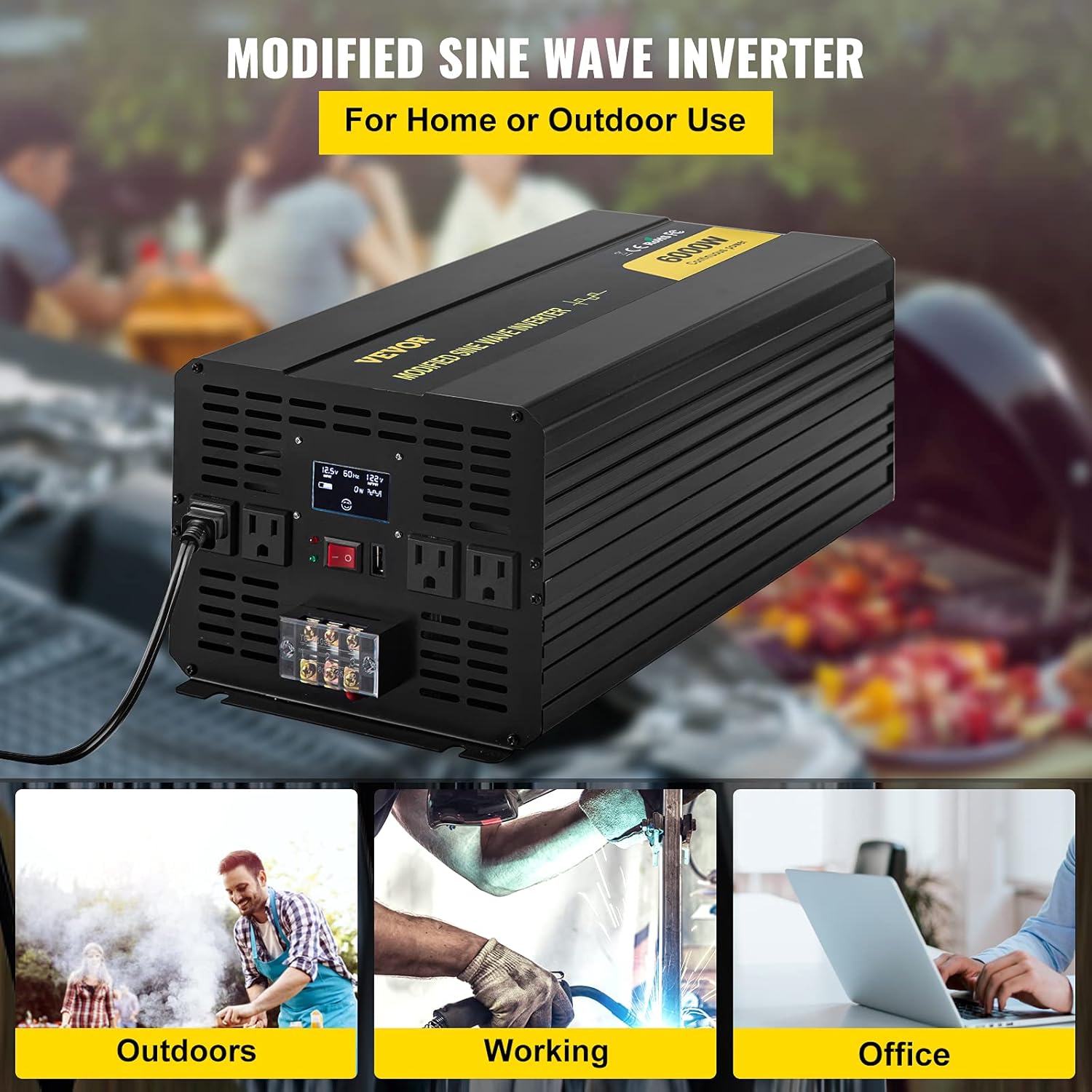 VEVOR Power Inverter, 6000W Modified Sine Wave Inverter, DC 12V to AC 120V Car Converter, with LCD Display, Remote Controller, LED Indicator