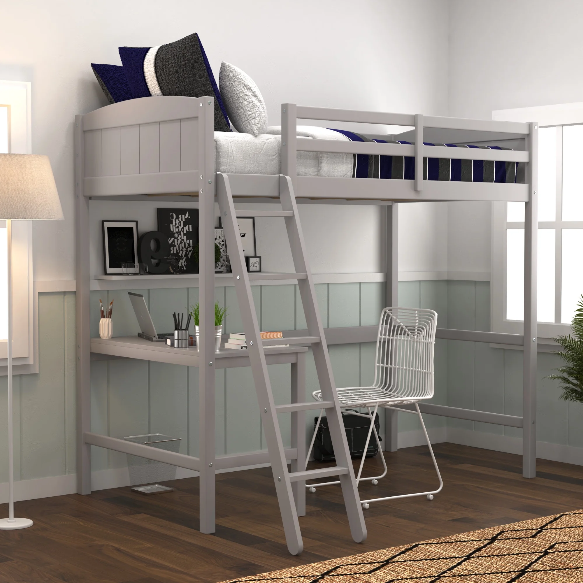 Living Essentials by Hillsdale Alexis Wood Arch Twin Loft Bed with Desk, Gray