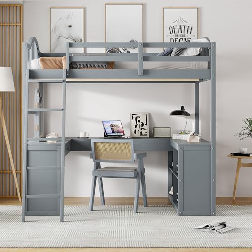 Harper & Bright Designs Full Size Loft Bed with Desk, Storage Shelves and Drawers, Solid Wood Loft Bed Frame with Built-in Wardrobe, Walnut