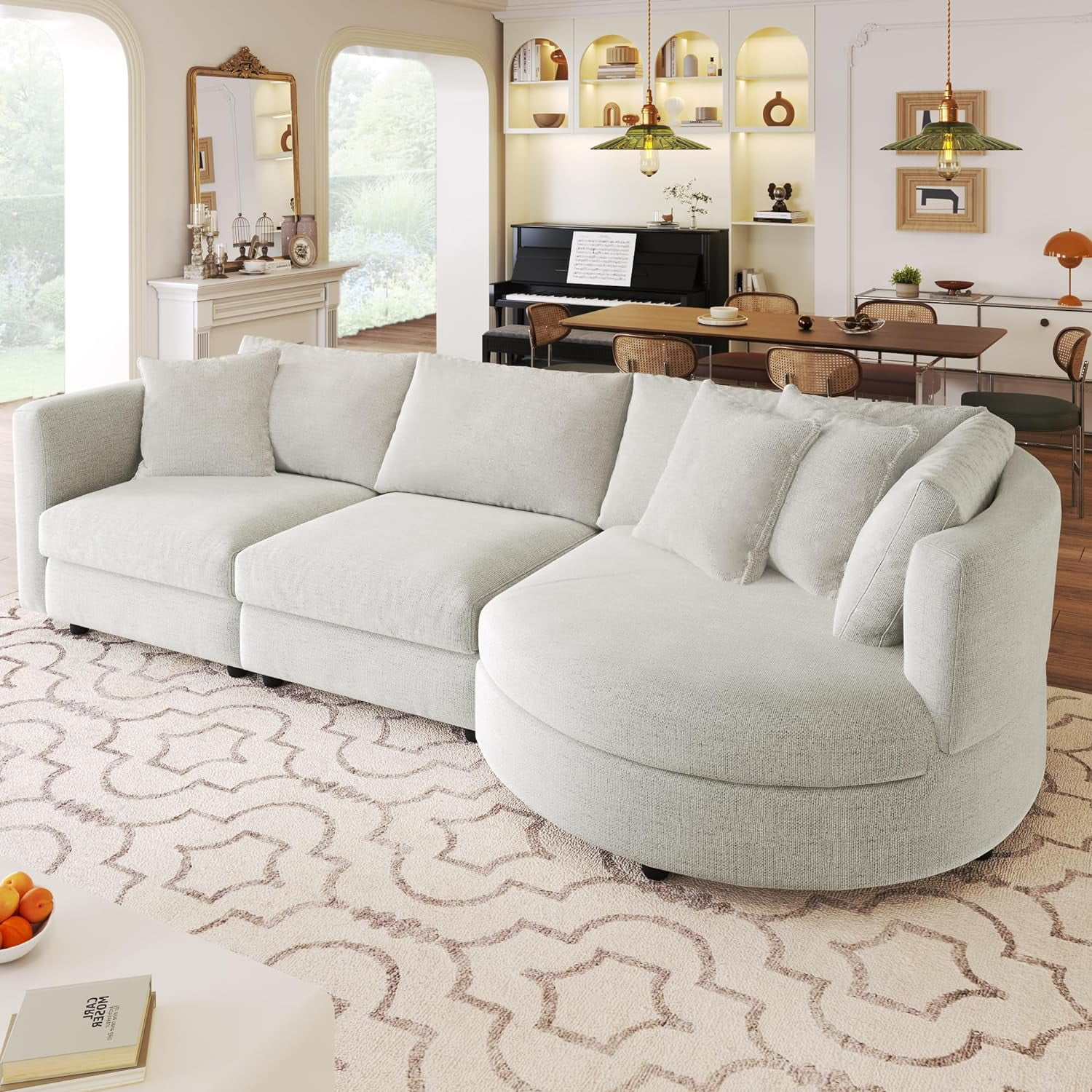 Moder Upholstered Sofa Couch, Comfy Curved Sectioal Sofa With 3 Pillows, Luxury 3-Seat Fabric Sofa Couch With Curved Seat For Livig Room