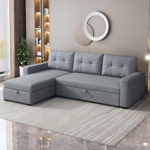 Ball & Cast Convertible Sofa Bed with Reversible Storage Chaise,Linen Sleeper Sofa Couch L Shaped Pull Out Couch Bed