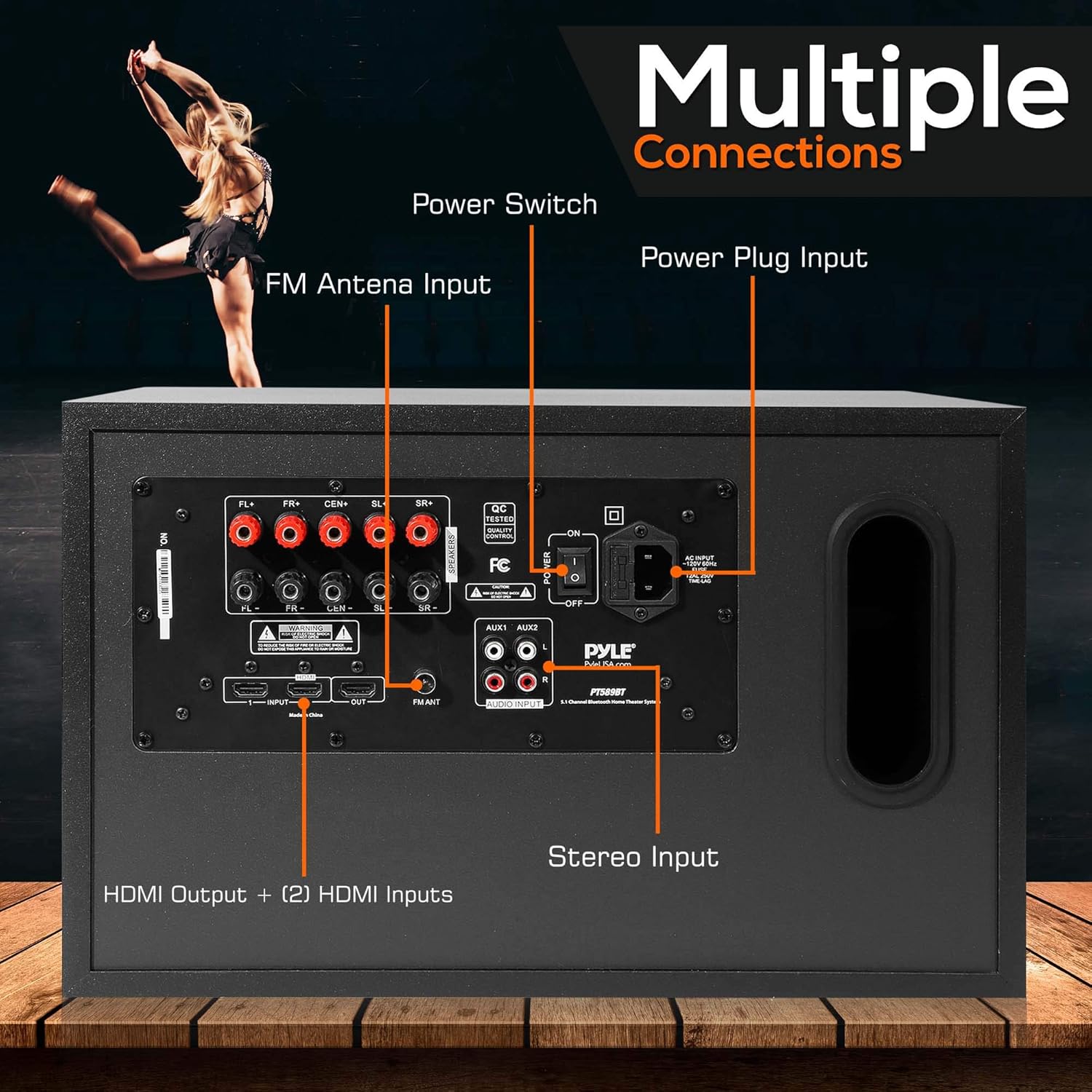 Pyle 5.1 Channel Home Theater Speaker System - 300W Bluetooth Surround Sound Audio Stereo Power Receiver Box Set w/ Built-in Subwoofer, 5 Speakers