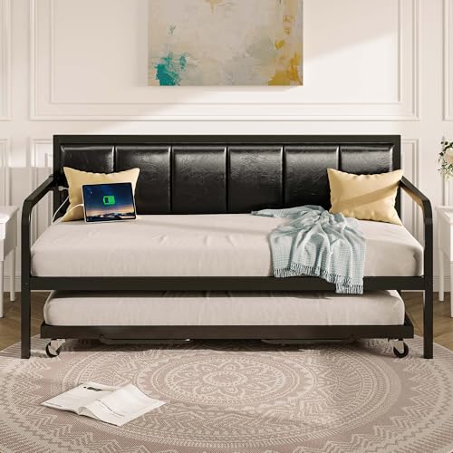 Rolanstar Daybed with Charging Station and LED Lights, Height Adjustable Twin Daybed with Trundle