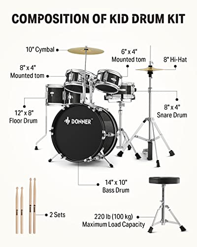 Kid Drum Sets-Donner 5-Piece for Beginners, 14 inch Full Size Complete Junior Drum Kit with Adjustable Throne, Cymbal, Hi-Hat, Pedal & Drumstick
