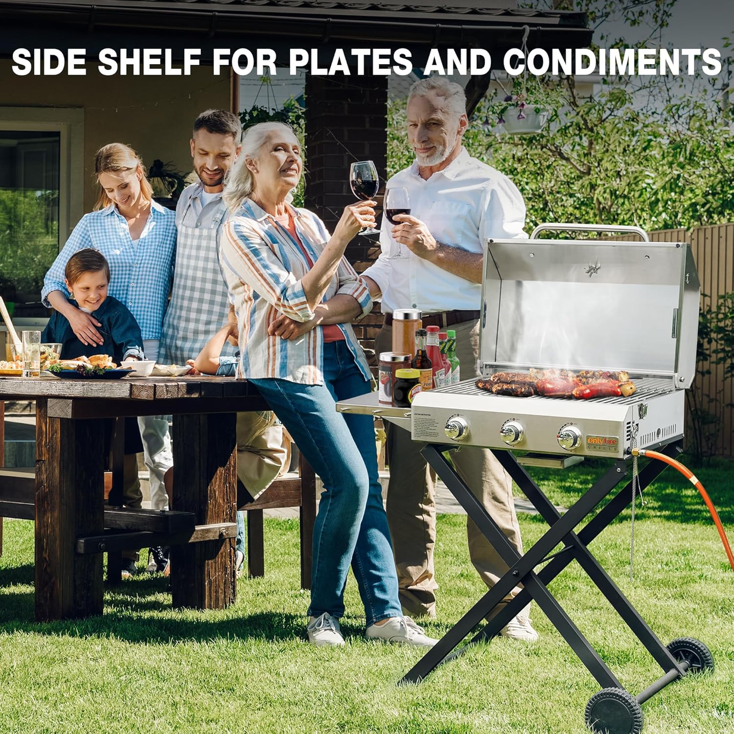 Onlyfire 3 Burner Gas Grill Trolley BBQ Gas Grill with Grill Grate 7 kW Grill Surface 56.5 x 34 cm with Side Tables, Foldable Trolley Wheels