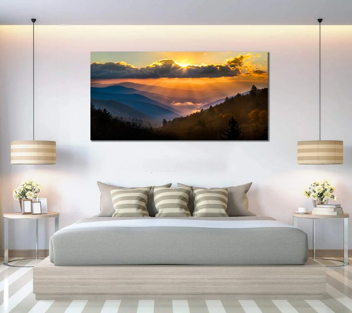 Smoky Mountain Wall Art Sunrise Over Blue Ridge Mountains Scenic Painting Gallery Wrapped Canvas Art Ready to Hang