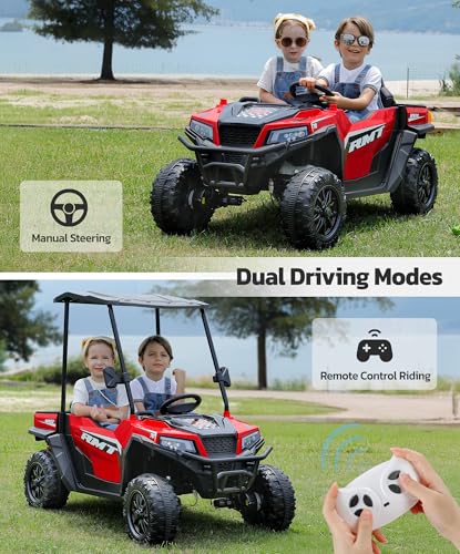 ELEMARA 24V Ride on Toy for Big Kid,Ride on Car 2 Seater w/Sun Shade,Dump Bed & Shovel,4.5MPH,4WD Electric Car for Kids,Battery Car w/Remote