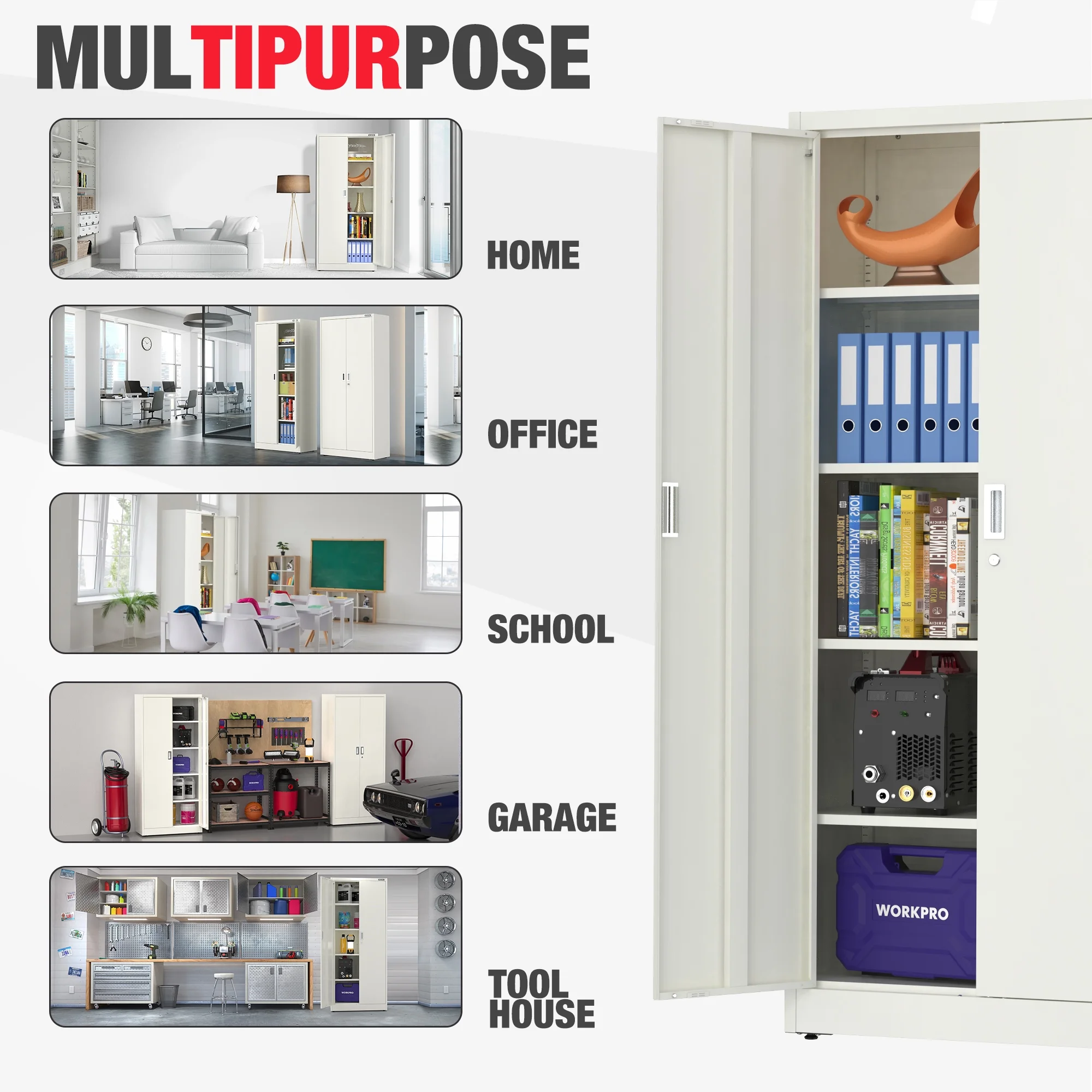 WORKPRO Metal Garage Storage Cabinet-White(31.5in.Wx15.75in.Dx71in.H), Solid packed