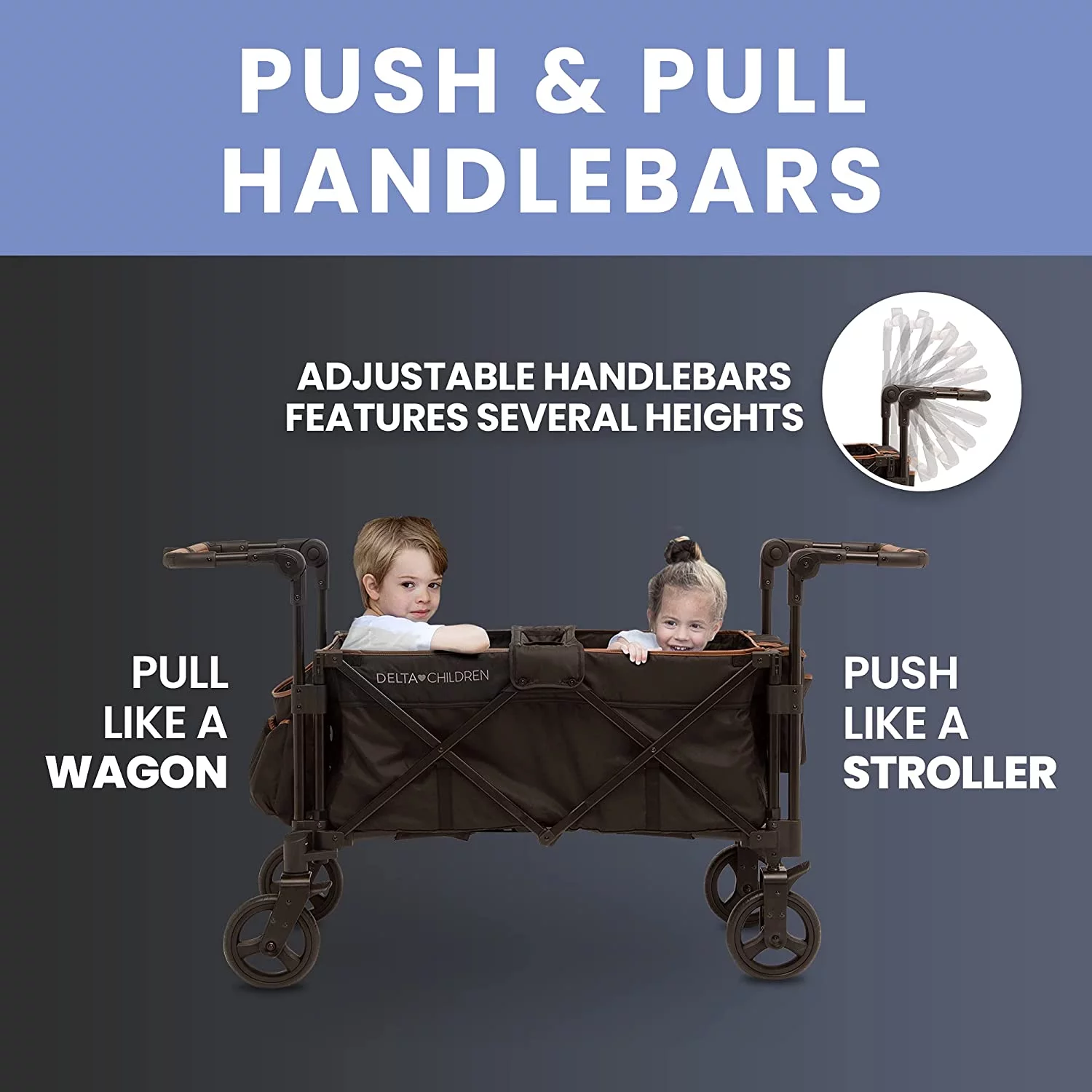 Delta Children Hercules Stroller Wagon for 2 Kids Versatile Stroller Wagon with Canopy, Push/Pull Handles