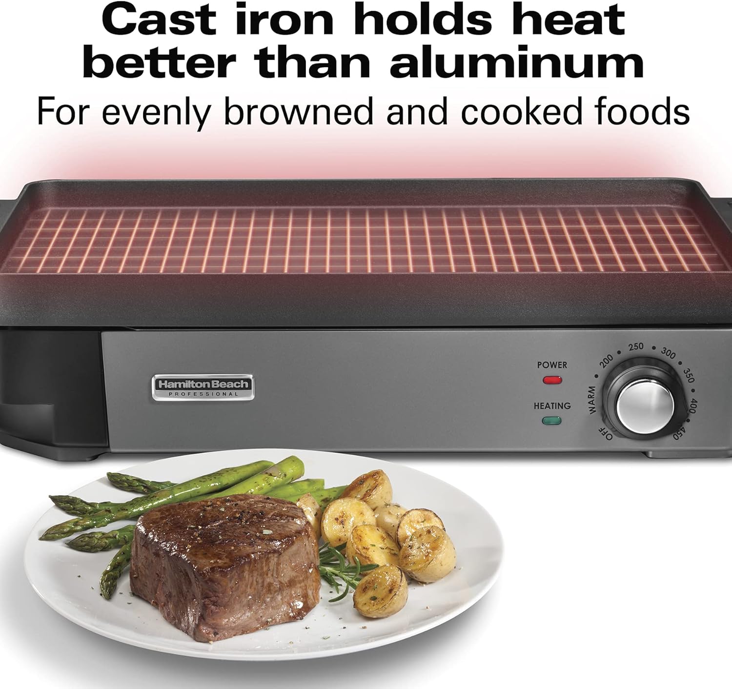 Hamilton Beach Professional Cast Iron Indoor Electric Grill & Griddle, 10" x 16" Preseasoned Cooking Surface, Adjustable Temperature up to 450° F