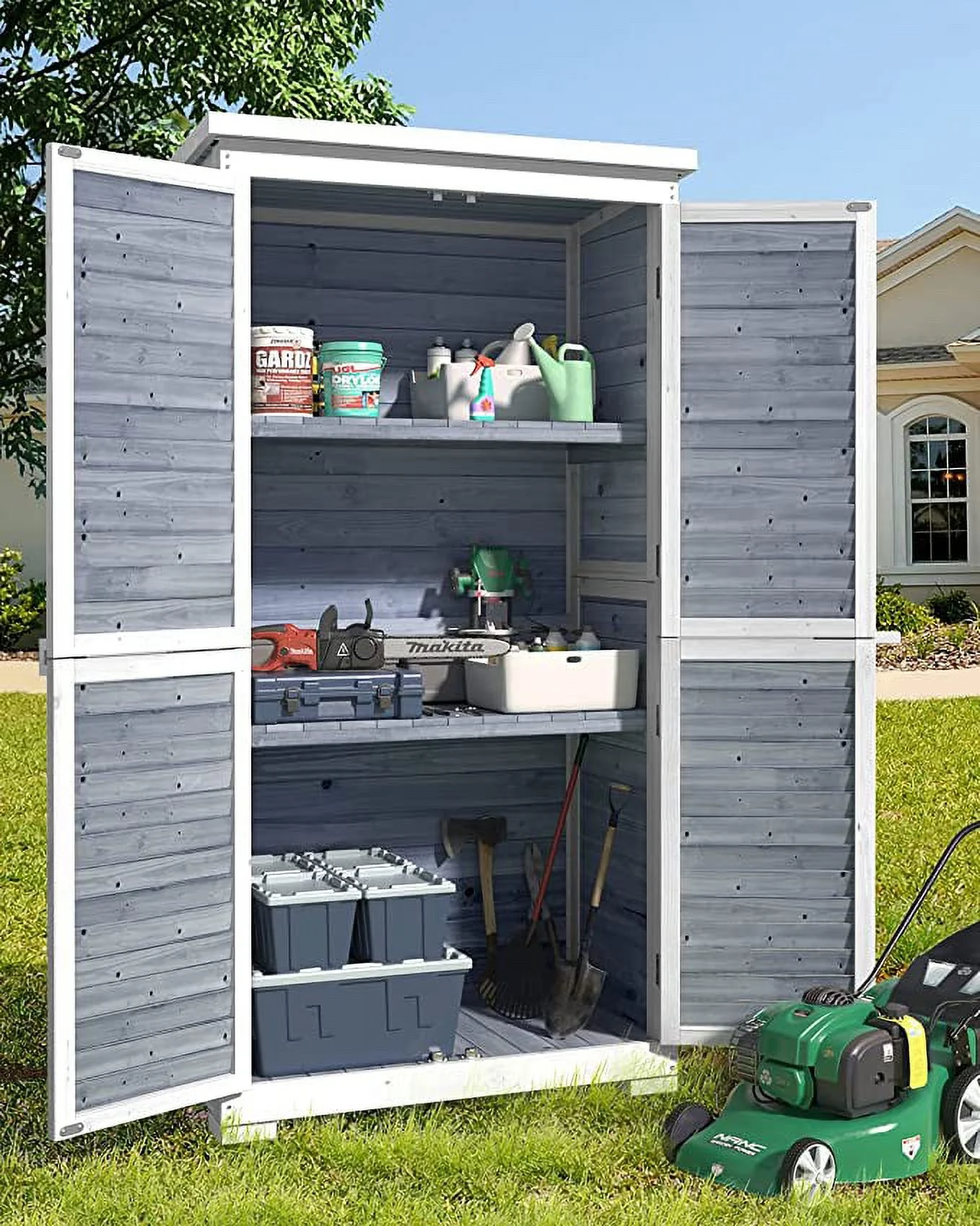 Lofka Outdoor Storage Cabinet Garden Shed w/ Asphalt Roof, Gray - Radiant Selections