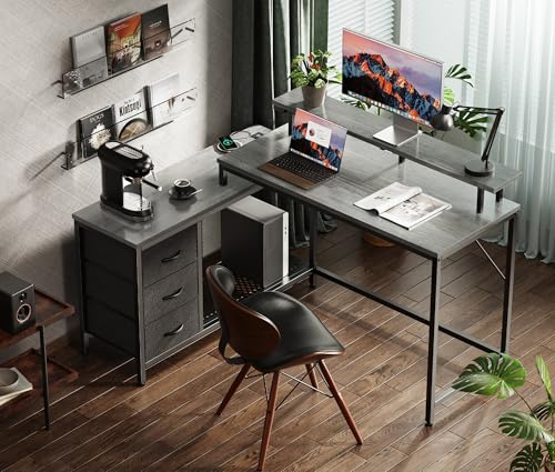 Huuger Reversible L Shaped Computer Desk with Drawers, Gaming Desk with LED Lights and Power Outlets, Office Desk with Storage Shelves