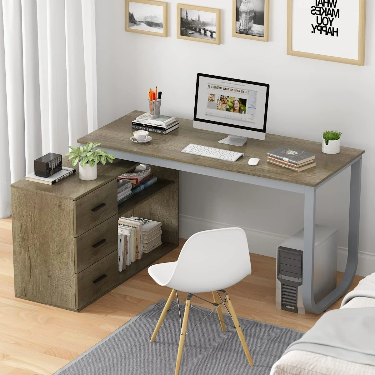 55.1" Large L-Shaped Office Desk with 41.3" File Cabinet  Corner Computer Desk with 3 Drawers