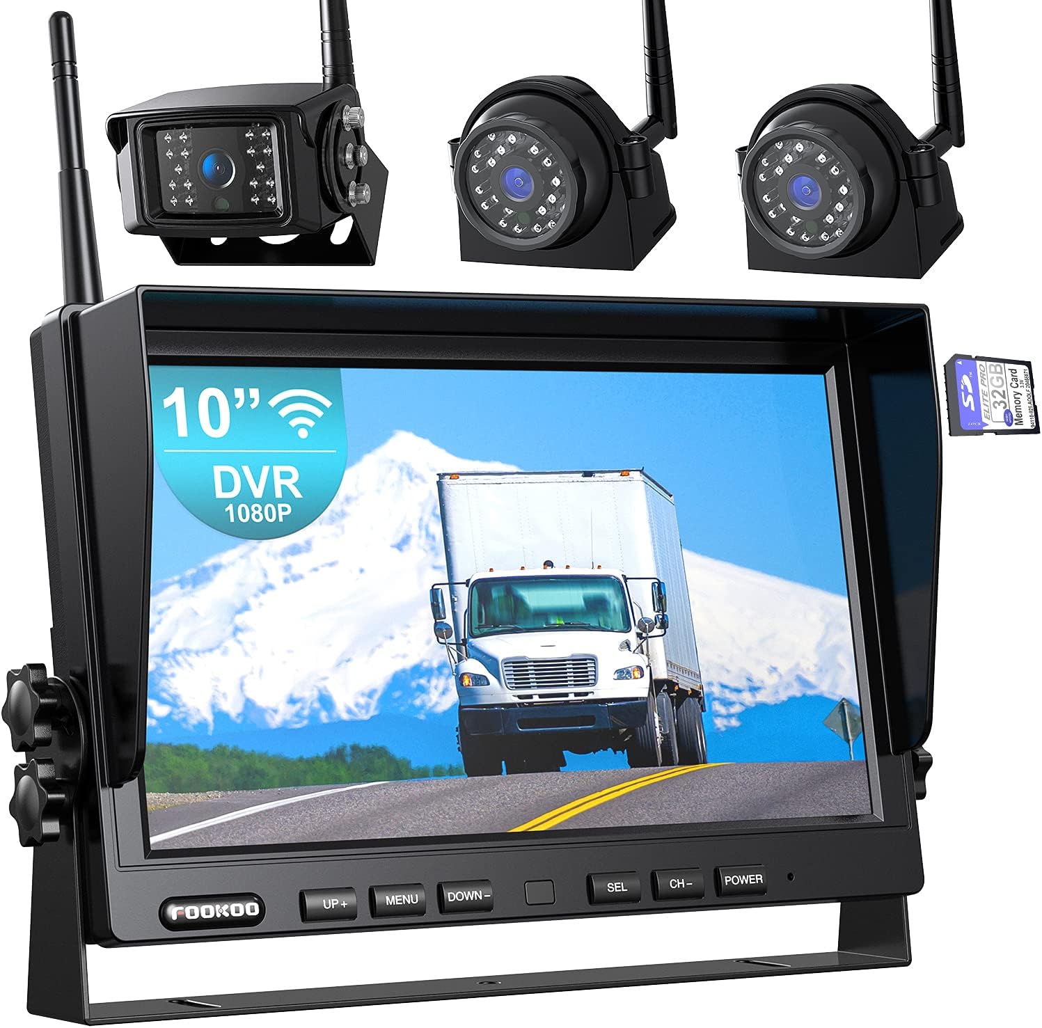 Fookoo HD 1080P 10" Wireless Backup Camera System, 10-inch Quad Split Monitor w/ Recording, IP69 Waterproof Rear View Side View Cameras