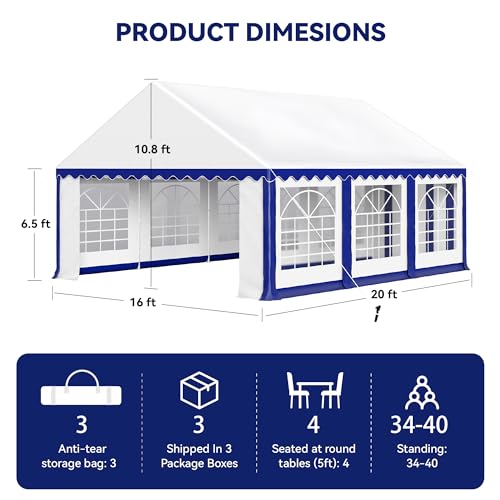 PHI VILLA 20'x16' Outdoor Heavy Duty Party Tent Large Commercial Canopy Wedding Event Shelter with Removable Sidewalls & 3 Storage Bags for Patio