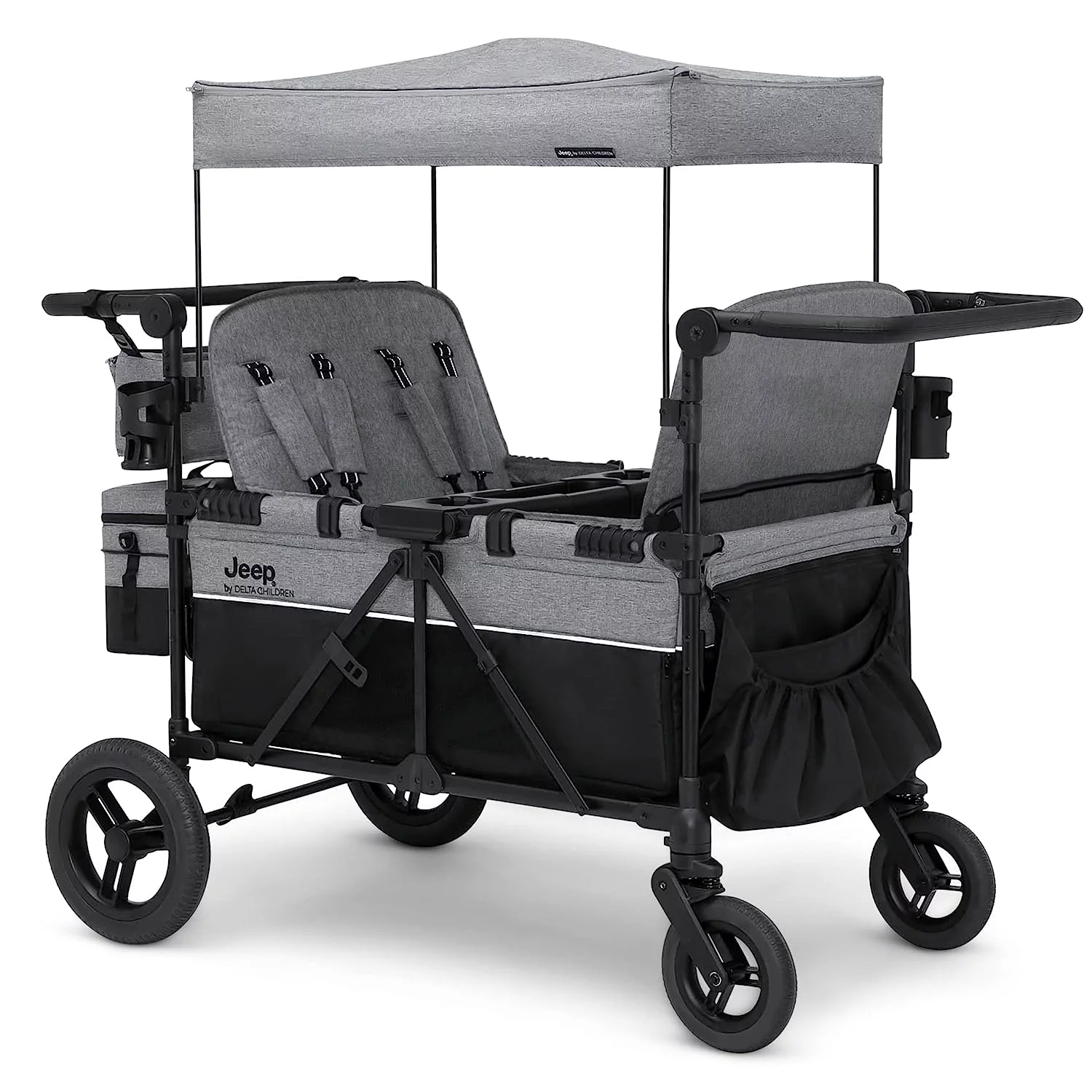 Jeep Wrangler Deluxe 4 Seater Stroller Wagon by Delta Children - Premium Quad Stroller Wagon for 4 Kids with Convertible Seats