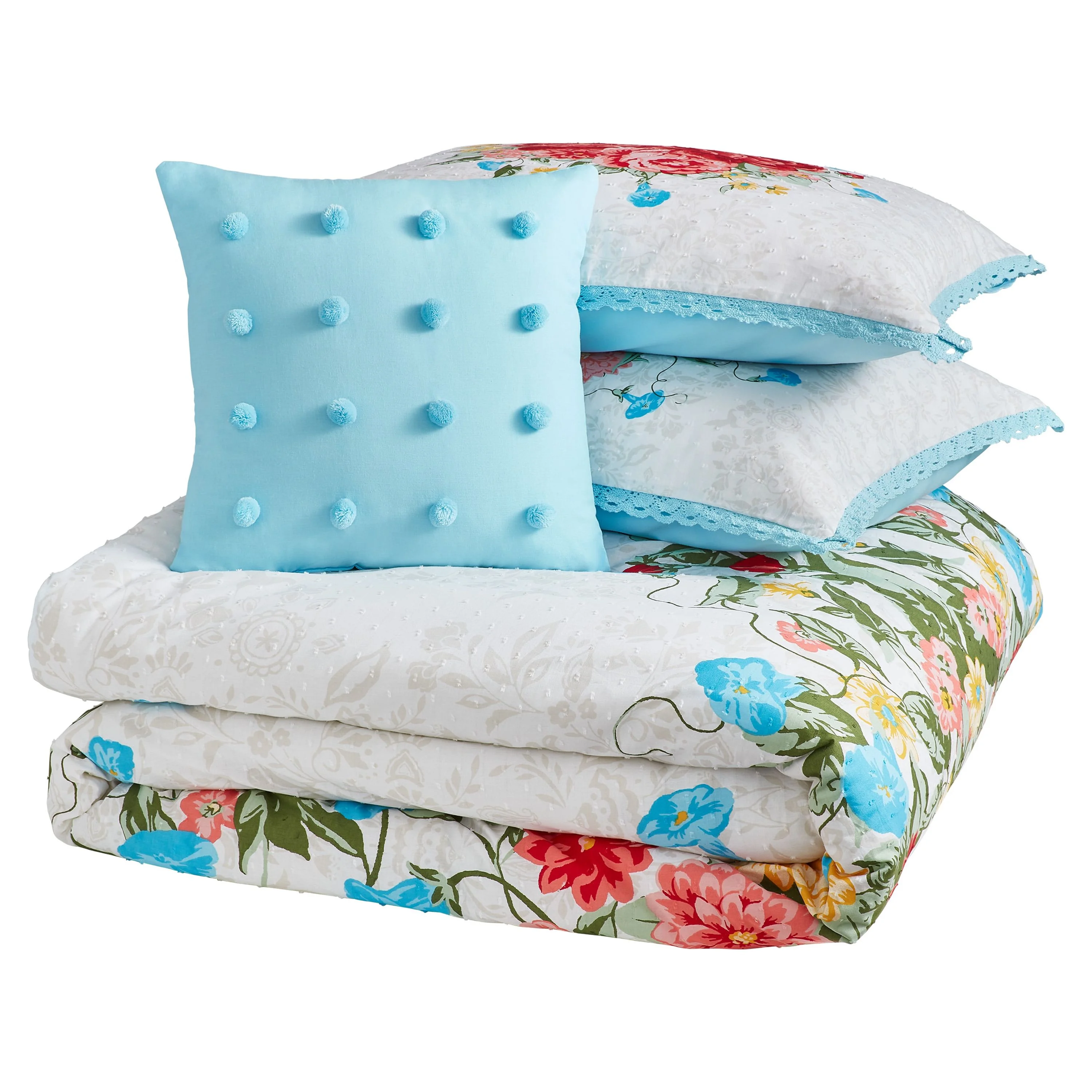 The Pioneer Woman Blue Cotton Sweet Rose 4-Piece Comforter Set, Full / Queen - Curated Treasures Market