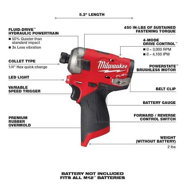 Milwaukee M12 FUEL SURGE 12-Volt 1/4 in. Hex Impact Driver w/1/2 in. Hammer Drill and M12 HO 2.5 Ah Battery Packs