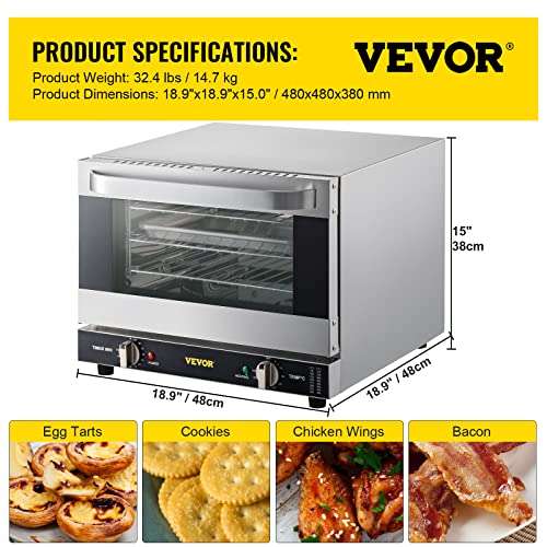 VEVOR Commercial Convection Oven, Conventional Oven Countertop, Toaster w/Front Glass Door, Electric Baking Oven w/Trays Wire Racks Clip Gloves, 120V
