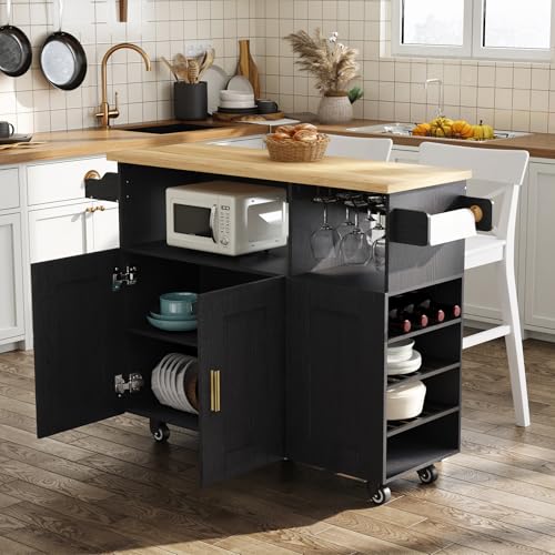 Rolling Mobile Kitchen Island Cart with Desktop Drop Leaf Countertop, Island Table Storage with 5 Wheels