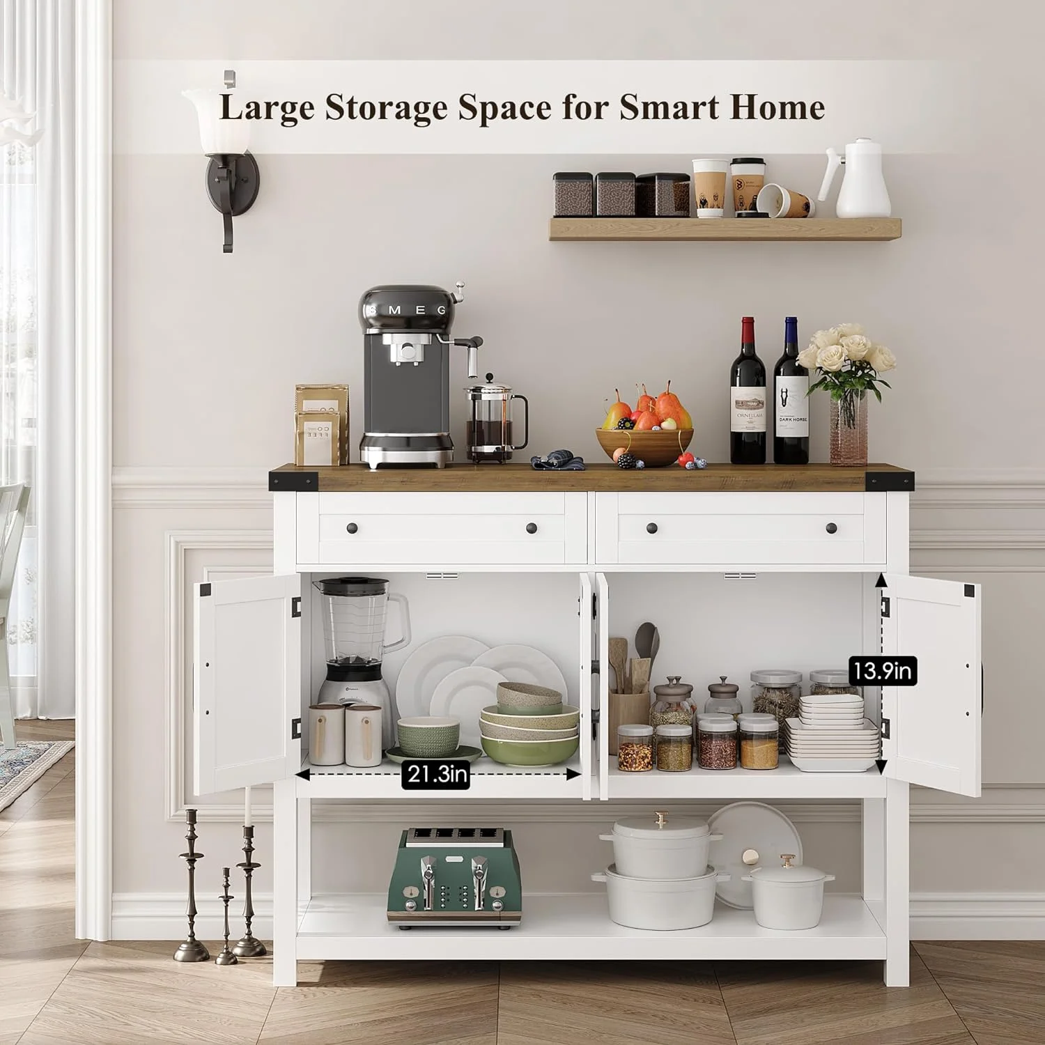 Buffet Sideboard Cabinet with Storage, 47.2" Modern Farmhouse Coffee Bar with 2 Drawers, Barn Doors Console Table with Shelf for Kitchen, Dining Room