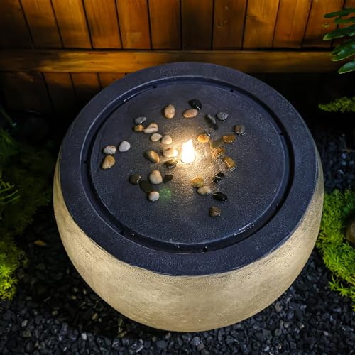 Garden Water Fountain Outdoor Large Round Bubbler Water Feature Indoor with Lights & Pump and Pebbles Concrete Effect for Patio Pool Pond Yard Home