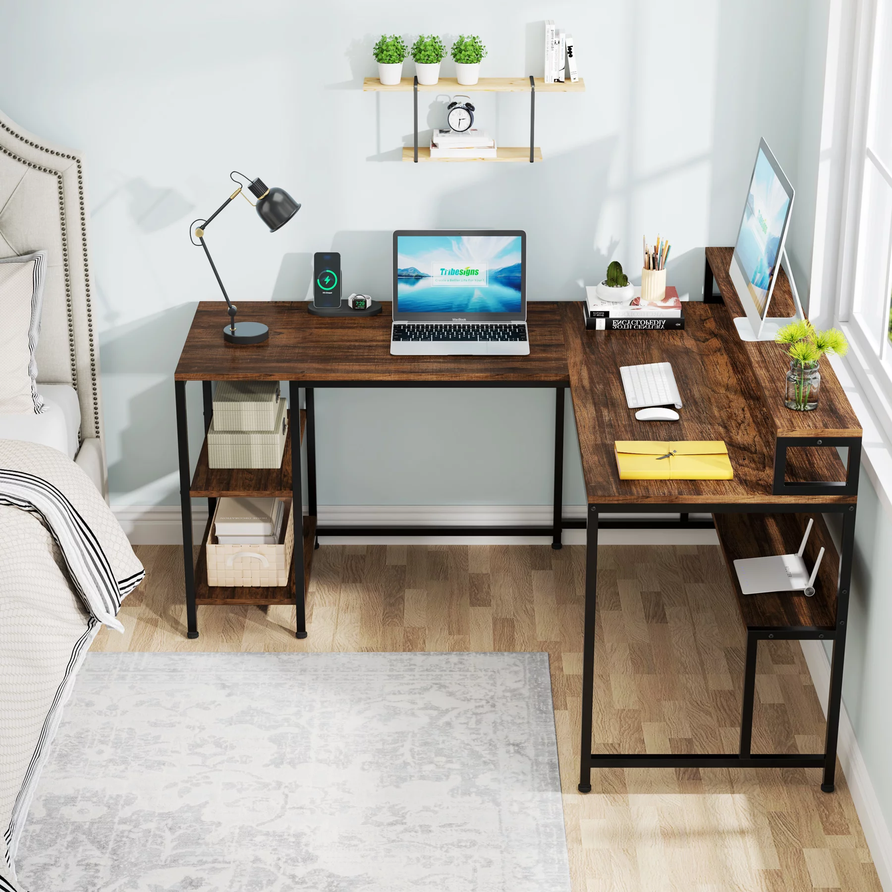 Tribesigns Reversible L Shaped Desk with Monitor Stand, 59 Inch Corner Computer Desk with Storage Shelves