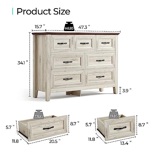 LINSY HOME Farmhouse Dresser for Bedroom, 9 Drawer Bedroom Dresser with Antique Handles, Wood Chest of Drawers for Nursery, Living Room