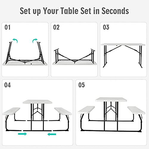 GYMAX Picnic Table, 550 LBS Folding Picnic Tables with Benches & Seats, Weather-Resistant Easy Setup Portable Picnic Table