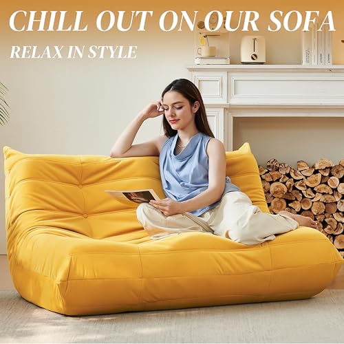 Bean Bag Chair for Adults - Suede & Microfiber Fireside Floor Chair, Comfortable Corner Lounge Sofa for Living Room, Bedroom, Office (3-Seater, Beige)