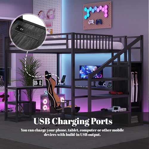 Full Size Loft Bed with Desk and Stairs, Heavy-Duty Steel Loft Bed Frame with Wardrobe & LED Light