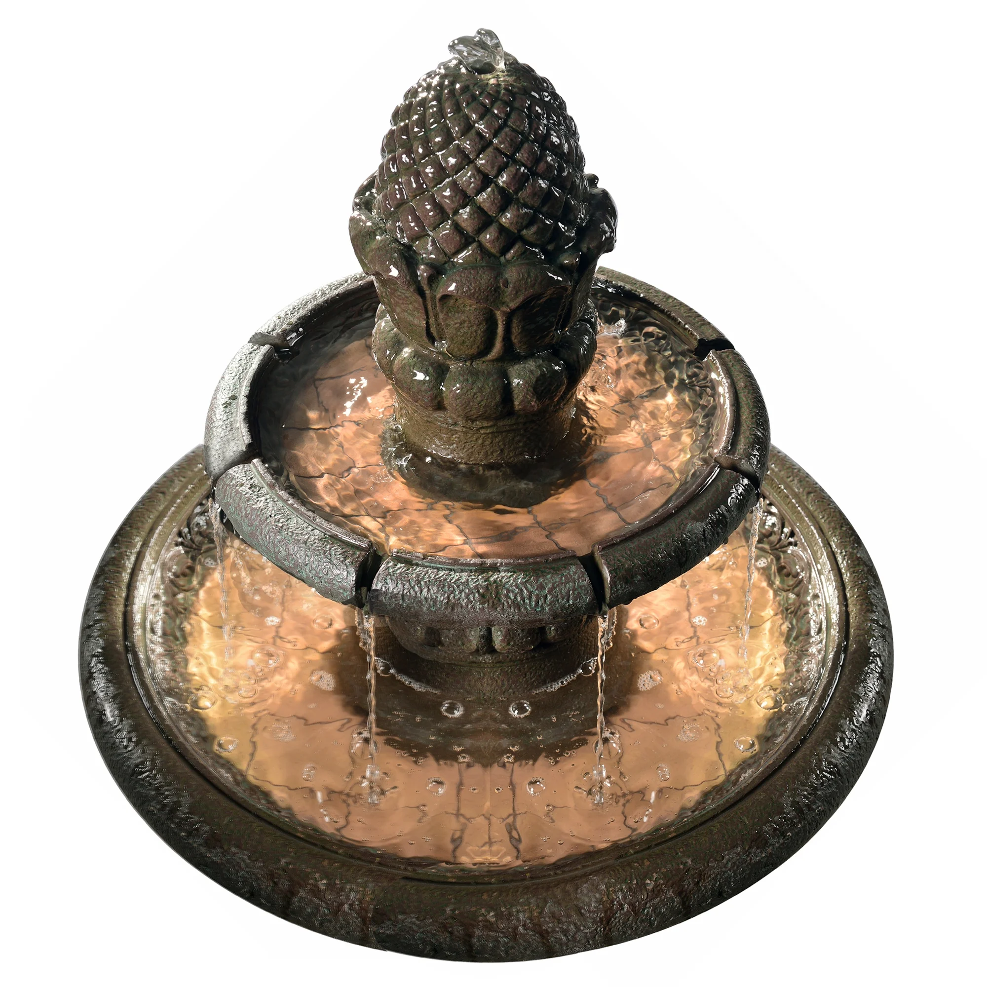 Teamson Home Porch Deluxe Pineapple 2-Tier Polyresin Pedestal Fountain for Garden, Gray