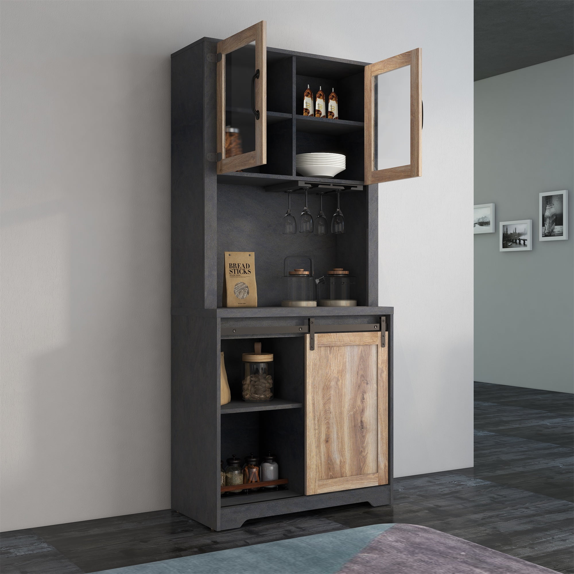 Ufurpie 31 Inch Farmhouse Barn Door Bar Cabinet For Living Room, Dining Room,Black