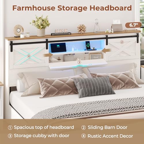 Hasuit Farmhouse Bed Frame California King Size with Storage Bookcase Headboard, Wooden Cal King Bed with LED Lights, Charging Station, 2 Drawers