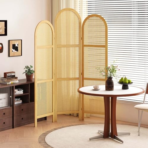 Room Divider and Folding Privacy Screens, Pine Wood 5.6 Ft Double Hinged Rattan Partition Freestanding Wall Room Divider for Home - 3 Panels