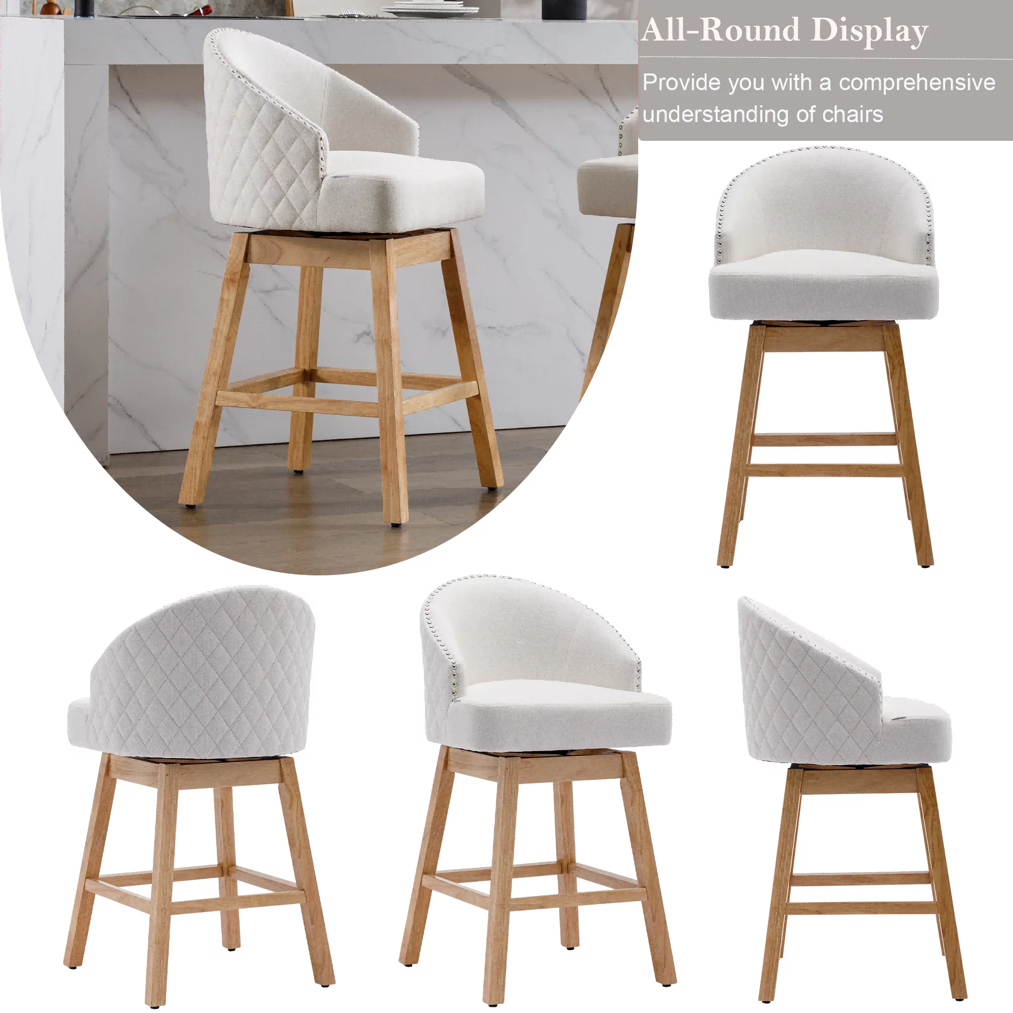 360 Degree Swivel Bar Stools, Counter Height Barstools, Modern Upholstered Bar Stools with Nailhead Trim Bar Chairs, 27 Inch Kitchen Island Bar Chair